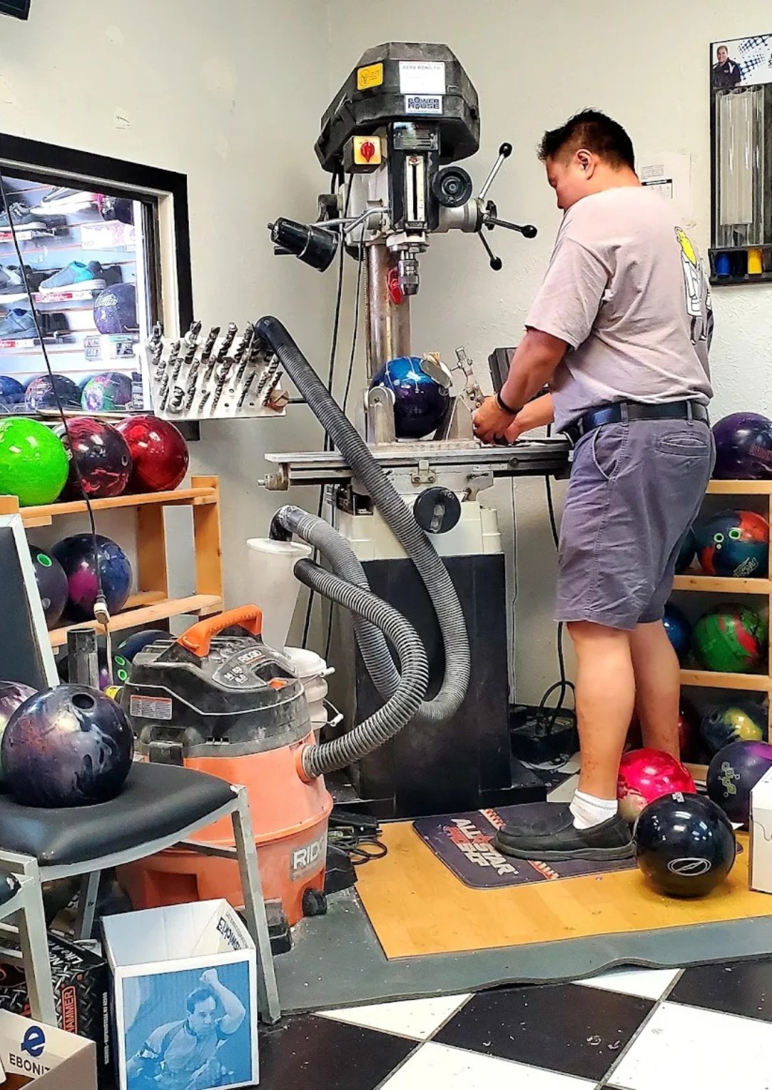 Bowling ball drilling work inside Bowling Medic Pro Shop.